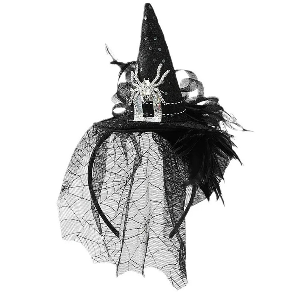 ハロウィン用 クモモチーフ 魔女カチューシャブラック・チュール付き
