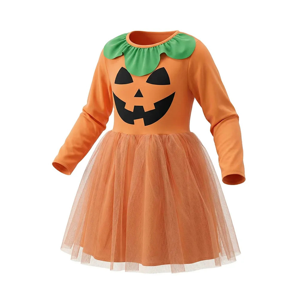 子ども用 かぼちゃ柄 長袖チュールドレスハロウィン