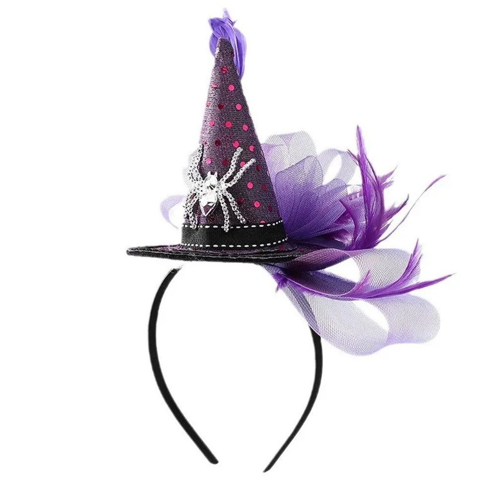 ハロウィン用 クモ付き魔女カチューシャ羽飾り付き