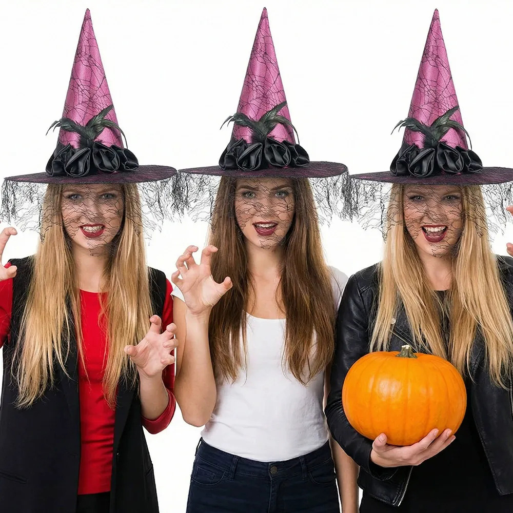 ハロウィン用 レース＆羽飾り付き魔女帽ローズ付き